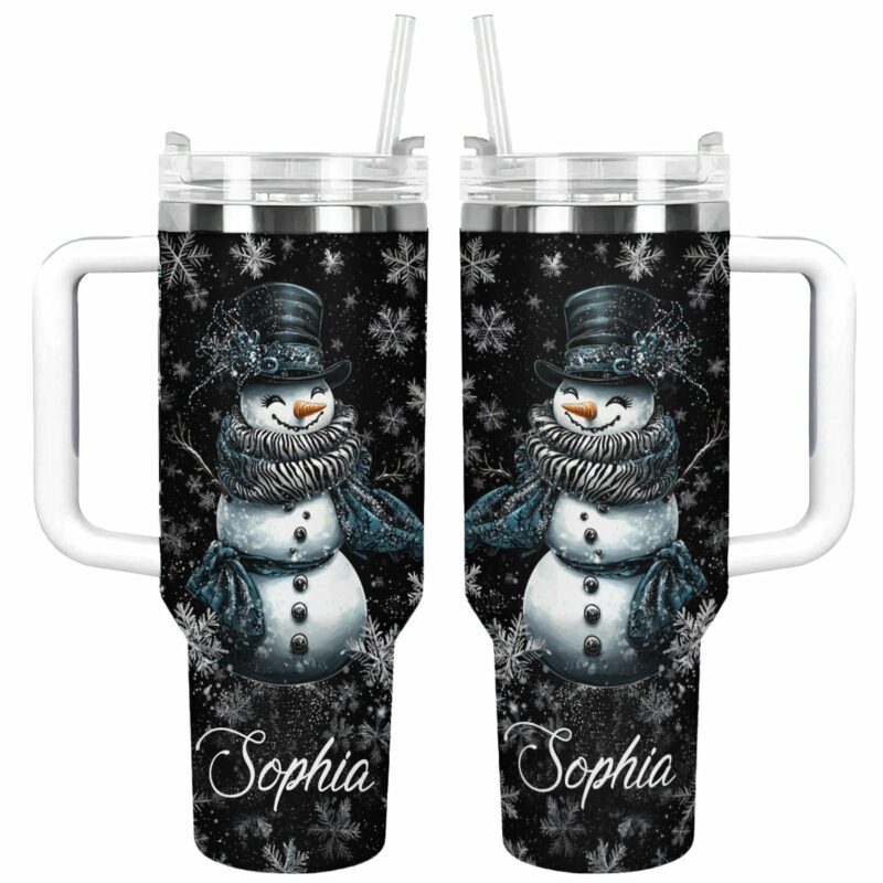 Elegant Midnight Snowman Christmas Custom Stanley Quencher 40oz Stainless Steel Tumbler With Handle - Threewoofs