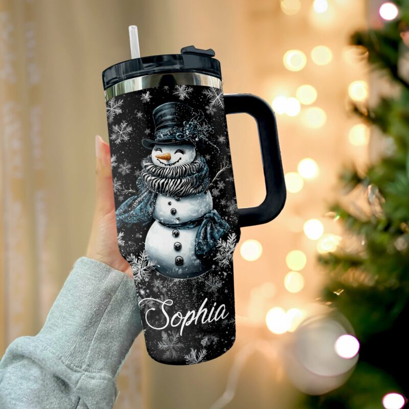 Elegant Midnight Snowman Christmas Custom Stanley Quencher 40oz Stainless Steel Tumbler With Handle - Threewoofs - Image 2