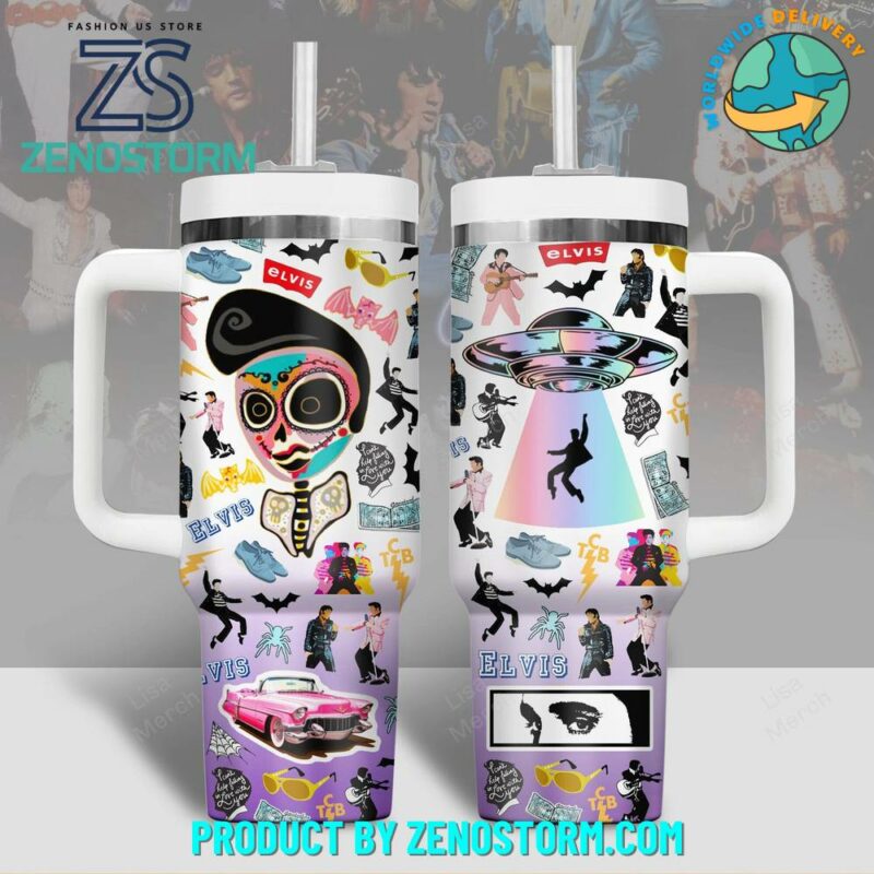 Elvis Presley Music Halloween Custom Stanley Quencher 40oz Stainless Steel Tumbler With Handle - Threewoofs
