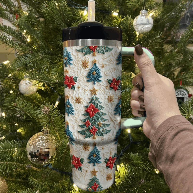 Enchanted Evergreen Blooms Christmas Custom Stanley Quencher 40oz Stainless Steel Tumbler With Handle - Threewoofs - Image 3
