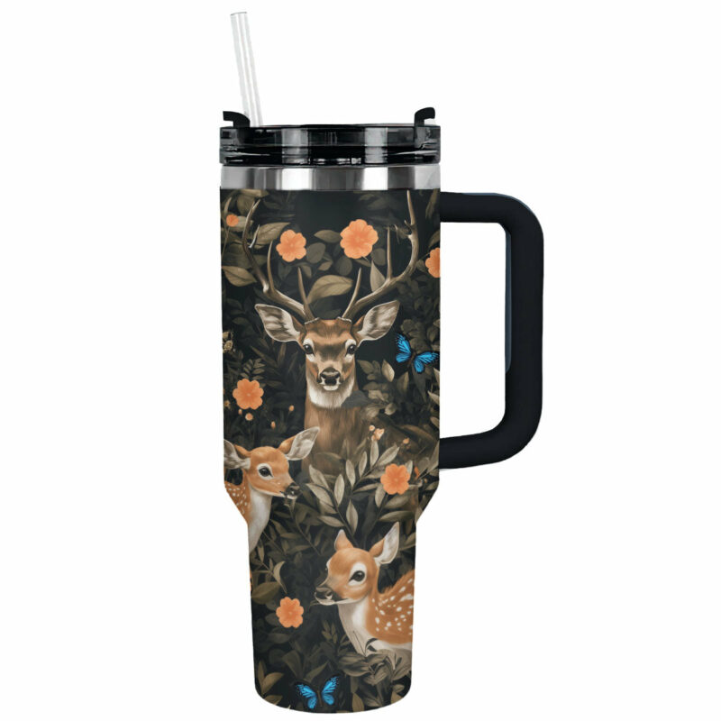 Engraved Deer Custom Stanley Quencher 40oz Stainless Steel Tumbler With Handle - Threewoofs