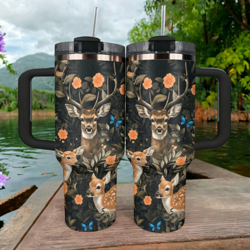 Engraved Deer Custom Stanley Quencher 40oz Stainless Steel Tumbler With Handle - Threewoofs - Image 2