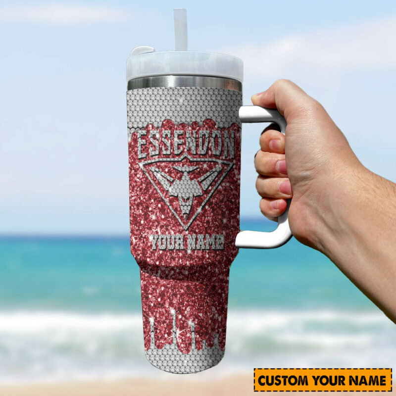 Essendon Bombers AFL Sports Glitter Custom Stanley Quencher 40oz Stainless Steel Tumbler With Handle - Threewoofs - Image 3