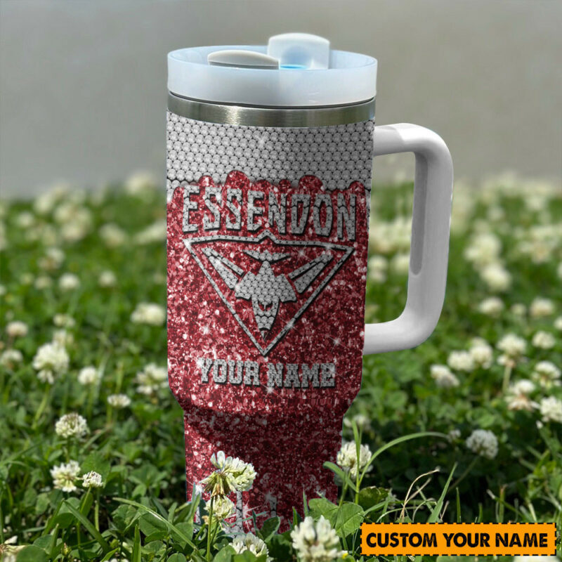 Essendon Bombers AFL Sports Glitter Custom Stanley Quencher 40oz Stainless Steel Tumbler With Handle - Threewoofs - Image 2