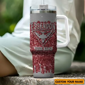 Essendon Bombers AFL Sports Glitter Custom Stanley Quencher 40oz Stainless Steel Tumbler With Handle - Threewoofs