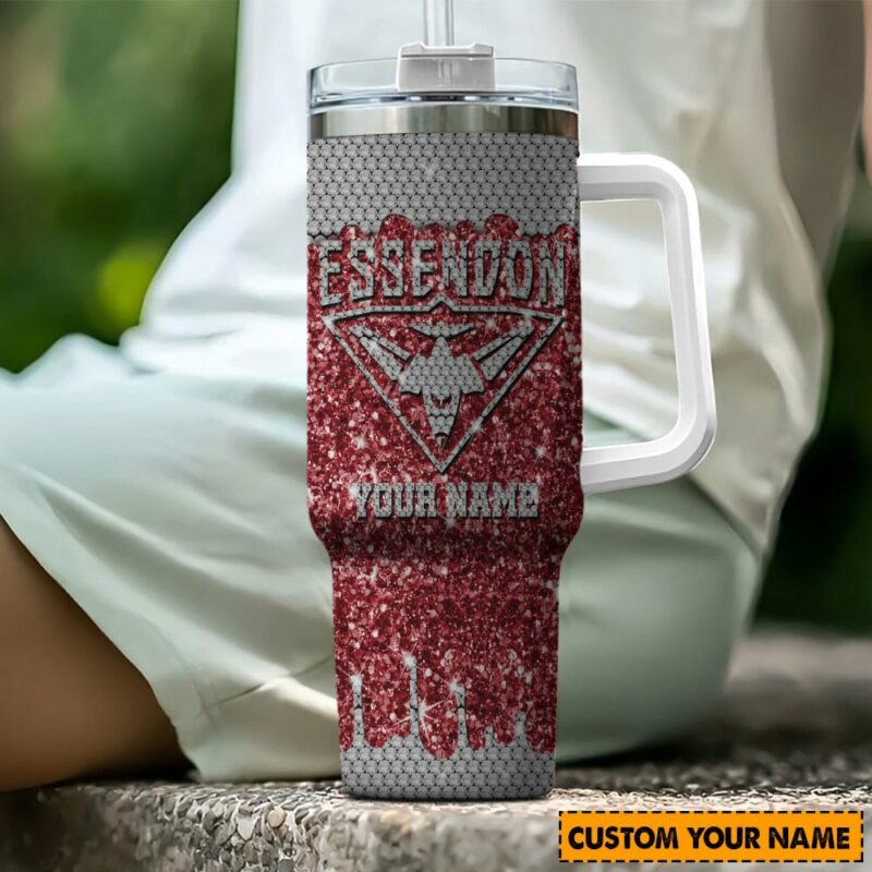 Essendon Bombers AFL Sports Glitter Custom Stanley Quencher 40oz Stainless Steel Tumbler With Handle - Threewoofs