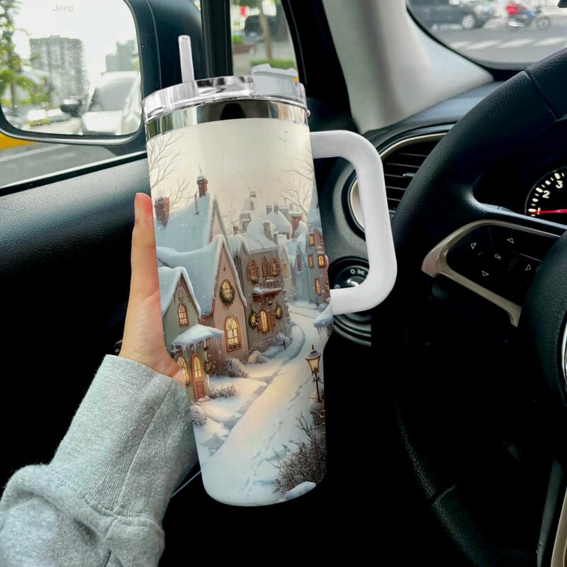 Evening Village Glow Christmas Custom Stanley Quencher 40oz Stainless Steel Tumbler With Handle - Threewoofs - Image 3