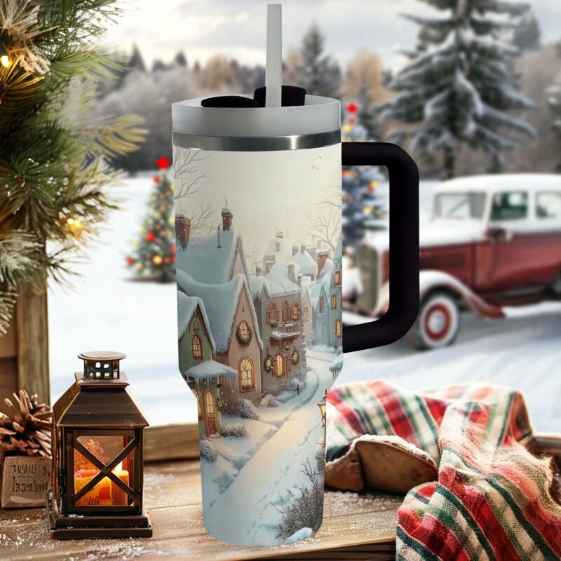Evening Village Glow Christmas Custom Stanley Quencher 40oz Stainless Steel Tumbler With Handle - Threewoofs - Image 2