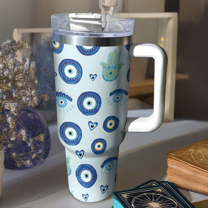 Evil Eye and Hamsa Custom Stanley Quencher 40oz Stainless Steel Tumbler With Handle - Threewoofs - Image 4
