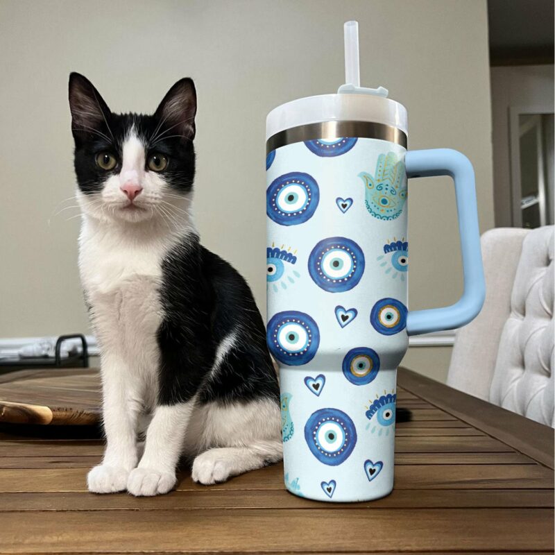 Evil Eye and Hamsa Custom Stanley Quencher 40oz Stainless Steel Tumbler With Handle - Threewoofs - Image 3