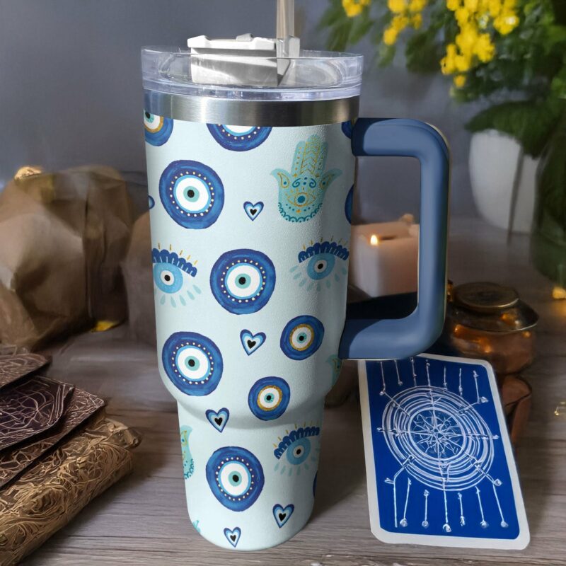 Evil Eye and Hamsa Custom Stanley Quencher 40oz Stainless Steel Tumbler With Handle - Threewoofs - Image 2