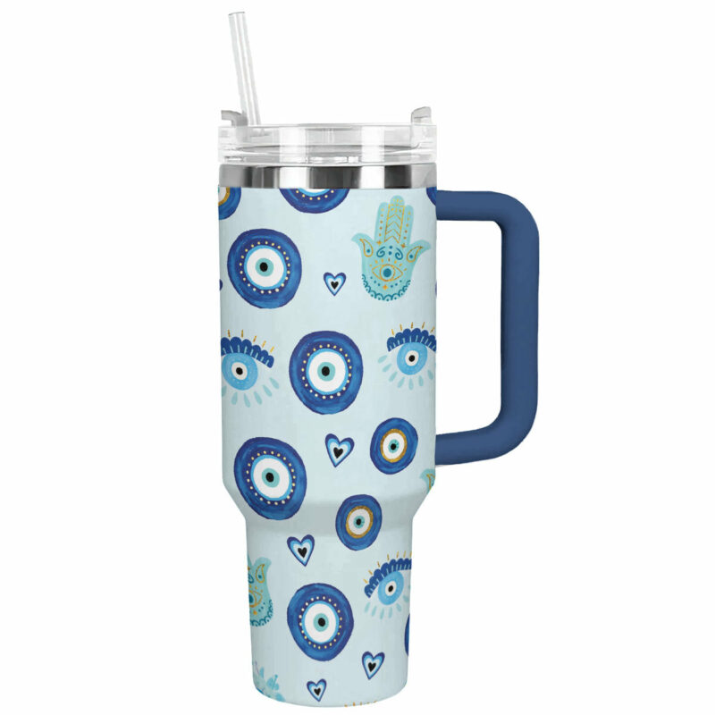 Evil Eye and Hamsa Custom Stanley Quencher 40oz Stainless Steel Tumbler With Handle - Threewoofs