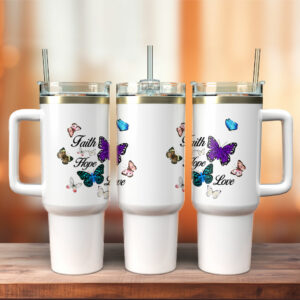 Faith Hope Butterfly Custom Stanley Quencher 40oz Stainless Steel Tumbler With Handle - Threewoofs