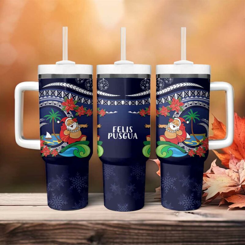 Felis Pusgua Guam Santa Merry Christmas with Polynesian Tribal Custom Stanley Quencher 40oz Stainless Steel Tumbler With Handle - Threewoofs - Image 4