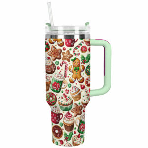 Festive Christmas Gingerbread Custom Stanley Quencher 40oz Stainless Steel Tumbler With Handle - Threewoofs