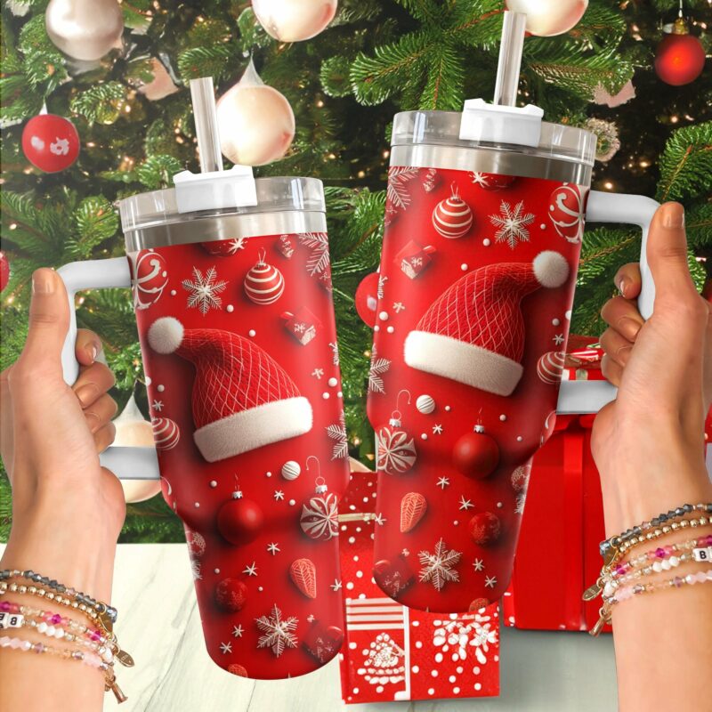 Festive Christmas Hat Custom Stanley Quencher 40oz Stainless Steel Tumbler With Handle - Threewoofs - Image 3