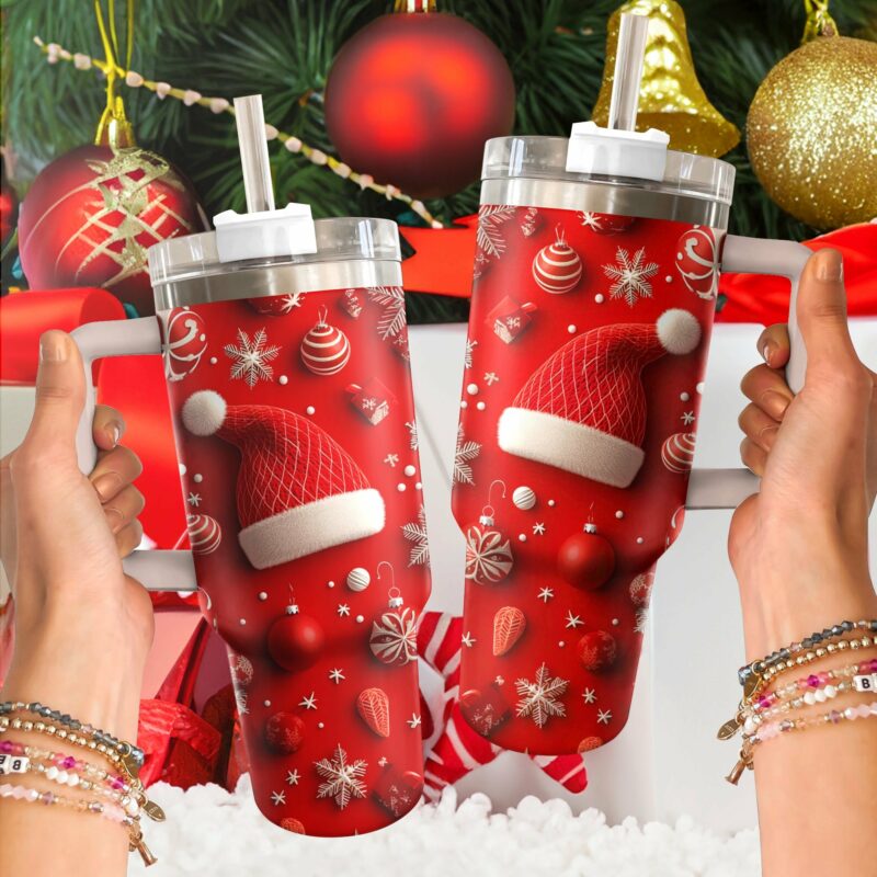 Festive Christmas Hat Custom Stanley Quencher 40oz Stainless Steel Tumbler With Handle - Threewoofs - Image 2