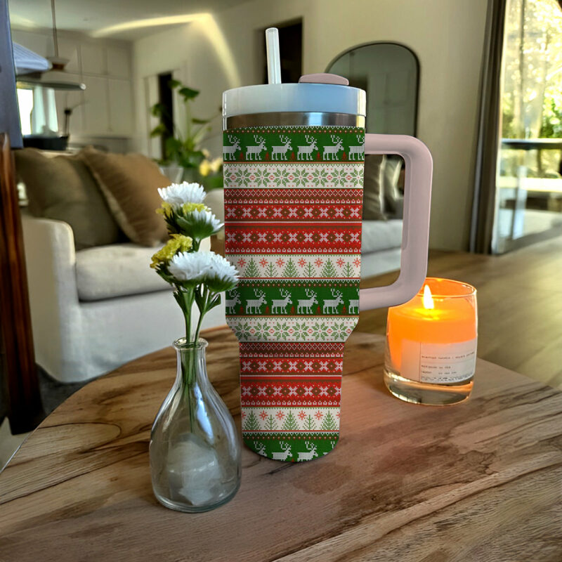 Festive Christmas Knit Custom Stanley Quencher 40oz Stainless Steel Tumbler With Handle - Threewoofs - Image 3