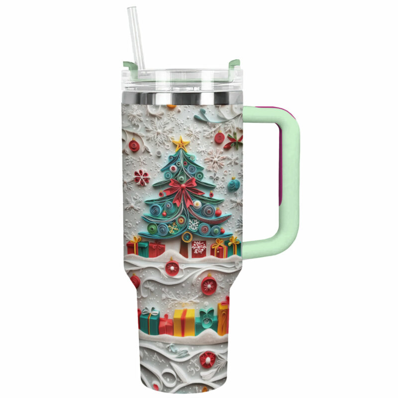 Festive Christmas Tree Custom Stanley Quencher 40oz Stainless Steel Tumbler With Handle - Threewoofs