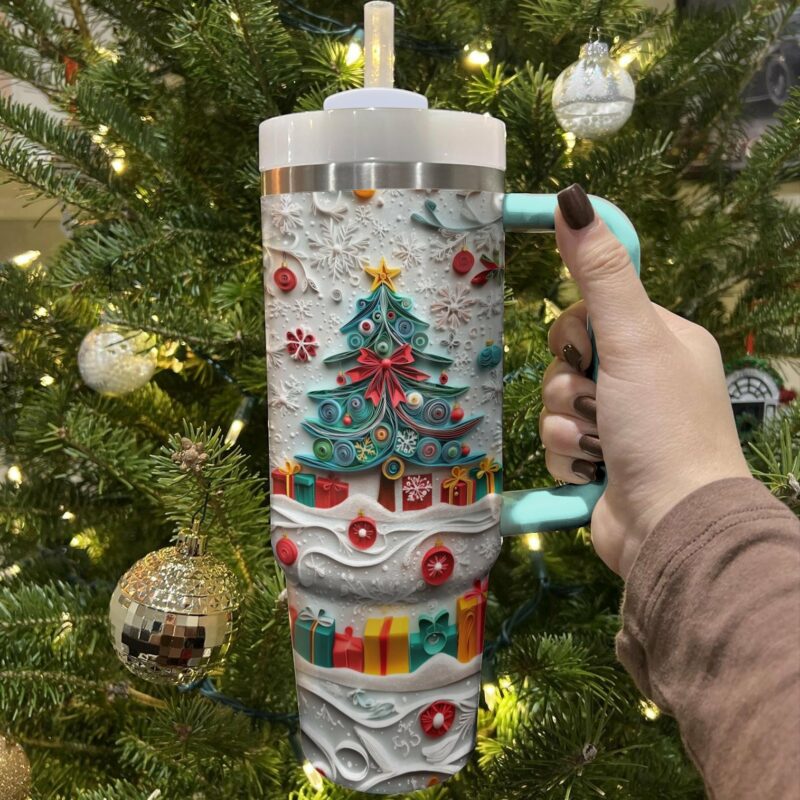 Festive Christmas Tree Custom Stanley Quencher 40oz Stainless Steel Tumbler With Handle - Threewoofs - Image 3