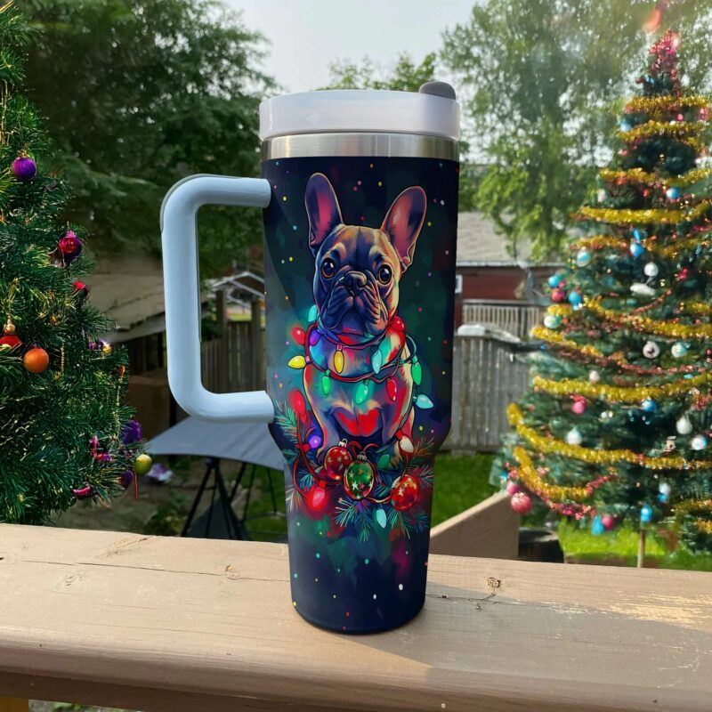 Festive Lights for Frenchie Bulldog Custom Stanley Quencher 40oz Stainless Steel Tumbler With Handle - Threewoofs - Image 3