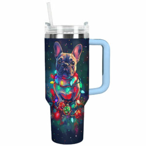 Festive Lights for Frenchie Bulldog Custom Stanley Quencher 40oz Stainless Steel Tumbler With Handle - Threewoofs