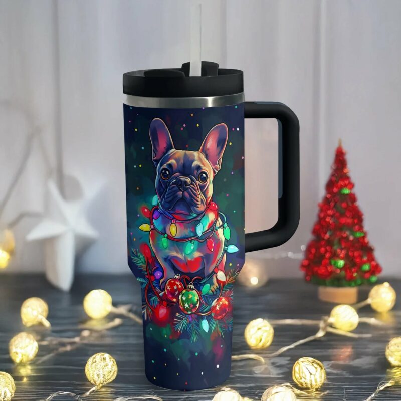 Festive Lights for Frenchie Bulldog Custom Stanley Quencher 40oz Stainless Steel Tumbler With Handle - Threewoofs - Image 2