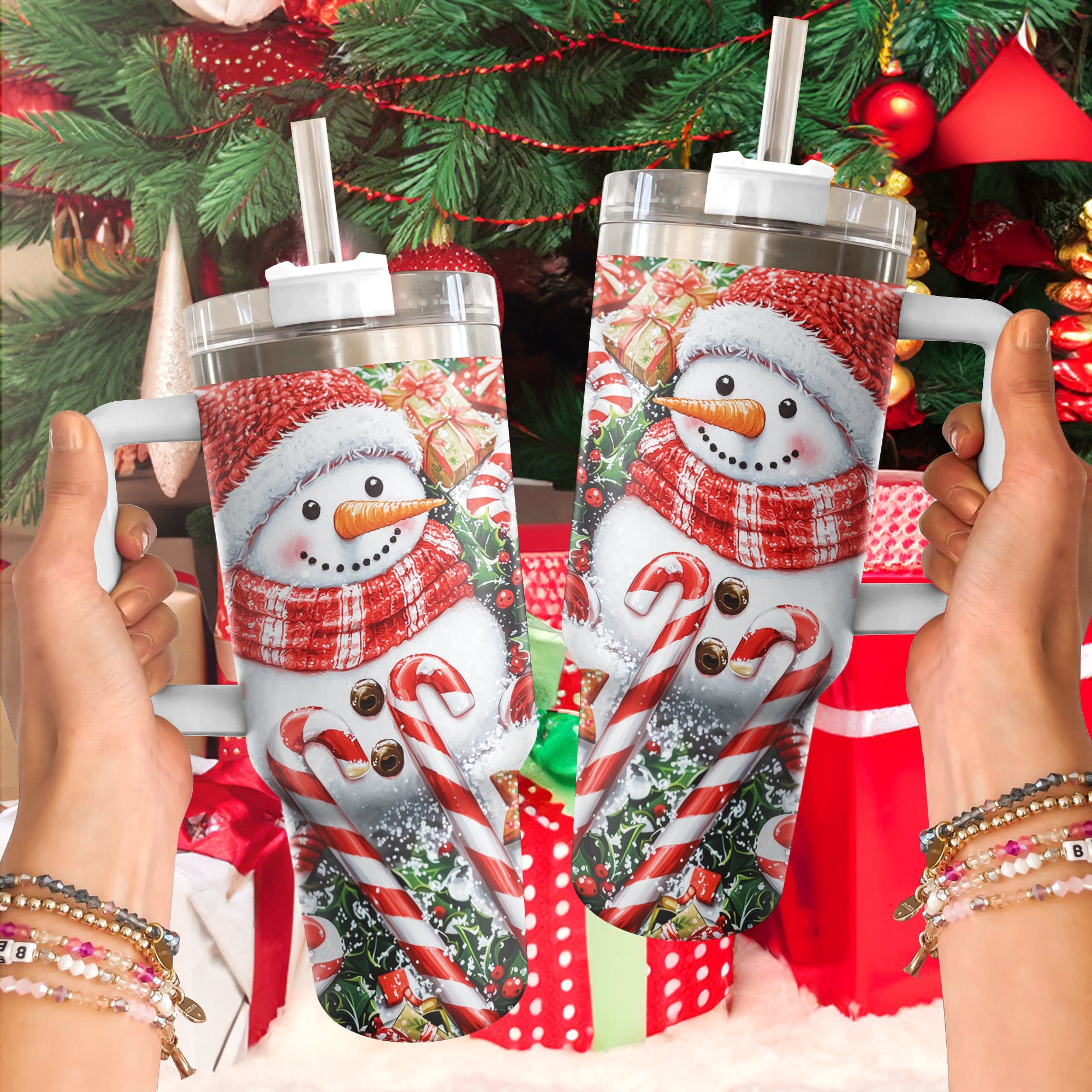 Festive Snowman Christmas Custom Stanley Quencher 40oz Stainless Steel Tumbler With Handle - Threewoofs - Image 3