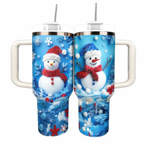 Festive Snowman Christmas Custom Stanley Quencher 40oz Stainless Steel Tumbler With Handle - Threewoofs