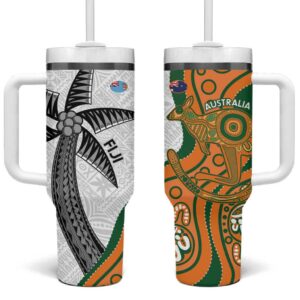 Fiji And Australia Rugby Fijian Palm Tree Mix Aussie Kangaroo Custom Stanley Quencher 40oz Stainless Steel Tumbler With Handle - Threewoofs