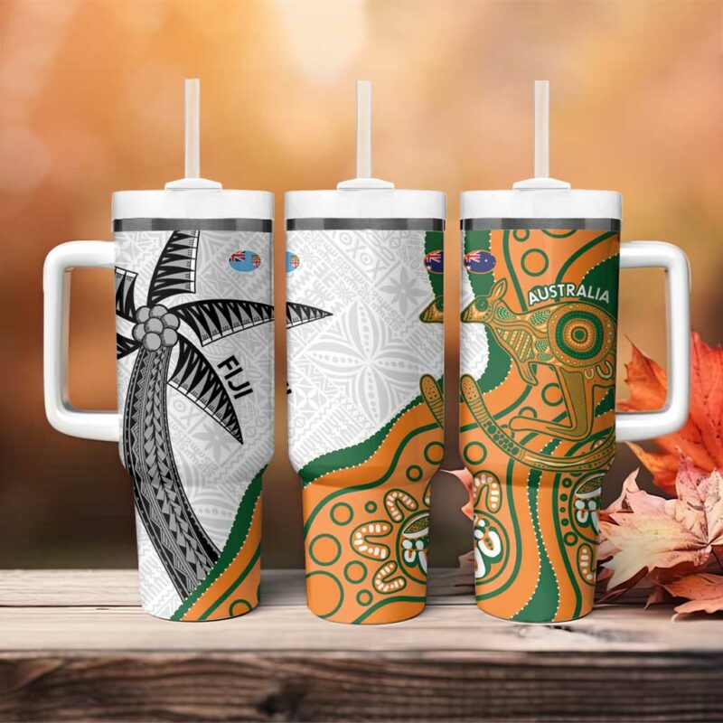 Fiji And Australia Rugby Fijian Palm Tree Mix Aussie Kangaroo Custom Stanley Quencher 40oz Stainless Steel Tumbler With Handle - Threewoofs - Image 4