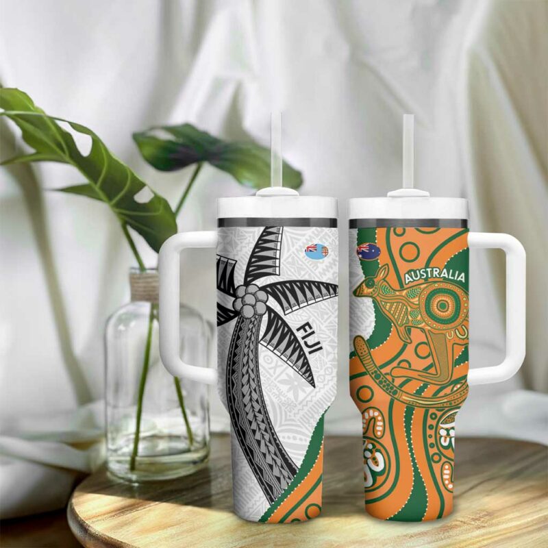 Fiji And Australia Rugby Fijian Palm Tree Mix Aussie Kangaroo Custom Stanley Quencher 40oz Stainless Steel Tumbler With Handle - Threewoofs - Image 9