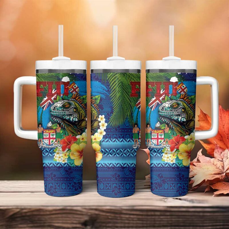 Fiji Iguana-Coat of Arms Custom Stanley Quencher 40oz Stainless Steel Tumbler With Handle - Threewoofs - Image 4