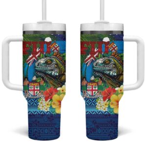 Fiji Iguana-Coat of Arms Custom Stanley Quencher 40oz Stainless Steel Tumbler With Handle - Threewoofs