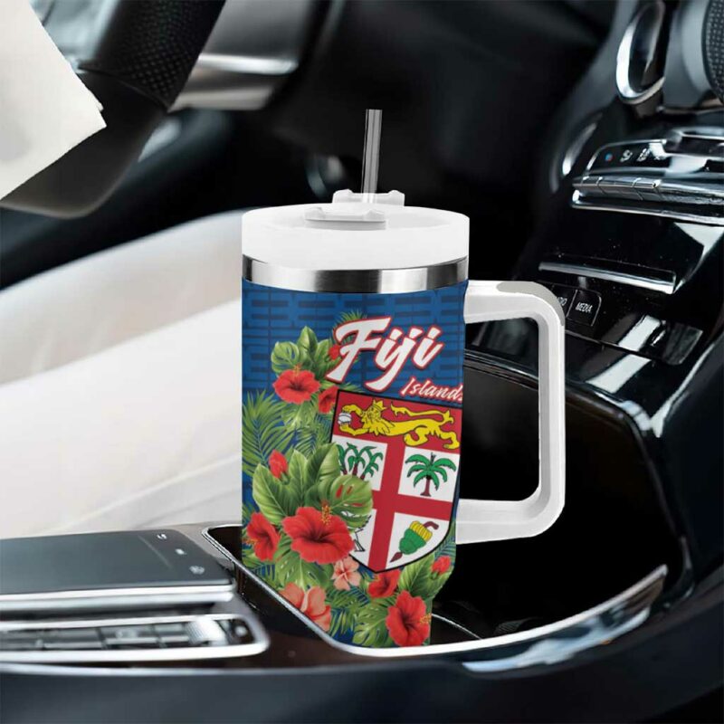 Fiji Island Tropical Flowers and Tapa Custom Stanley Quencher 40oz Stainless Steel Tumbler With Handle - Threewoofs - Image 8