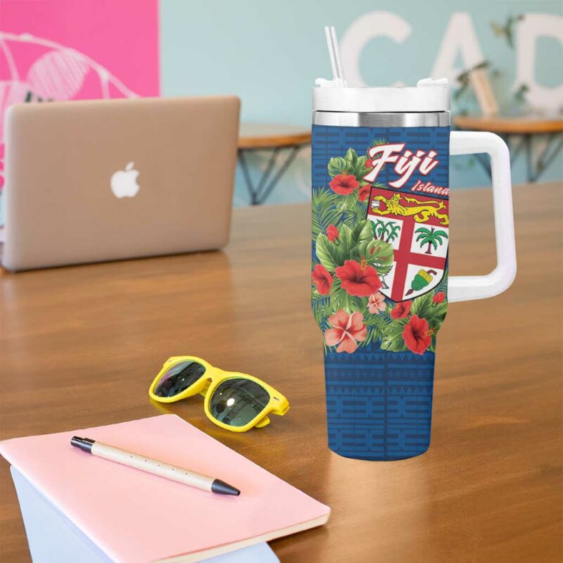 Fiji Island Tropical Flowers and Tapa Custom Stanley Quencher 40oz Stainless Steel Tumbler With Handle - Threewoofs - Image 5