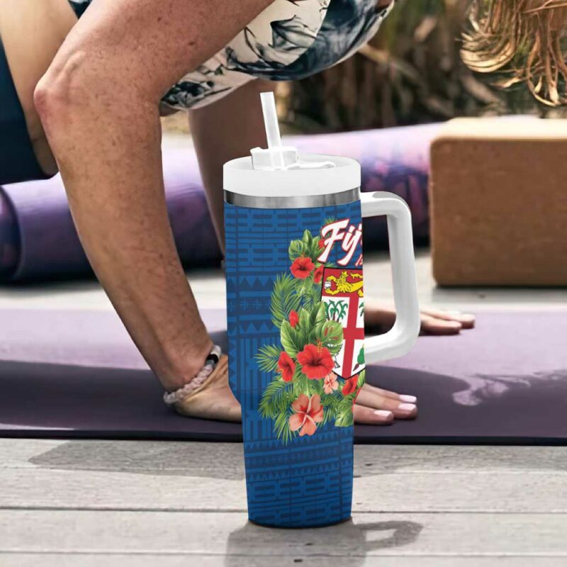 Fiji Island Tropical Flowers and Tapa Custom Stanley Quencher 40oz Stainless Steel Tumbler With Handle - Threewoofs - Image 6