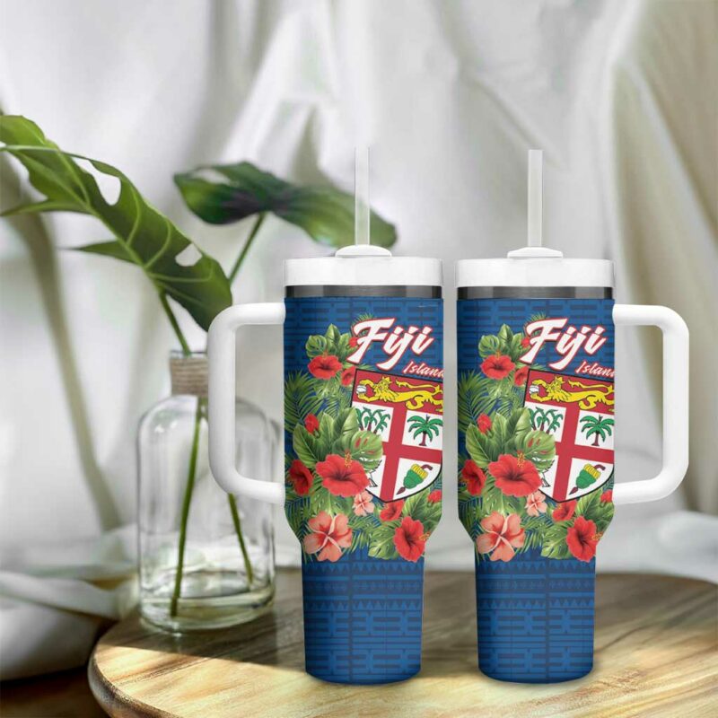 Fiji Island Tropical Flowers and Tapa Custom Stanley Quencher 40oz Stainless Steel Tumbler With Handle - Threewoofs - Image 9
