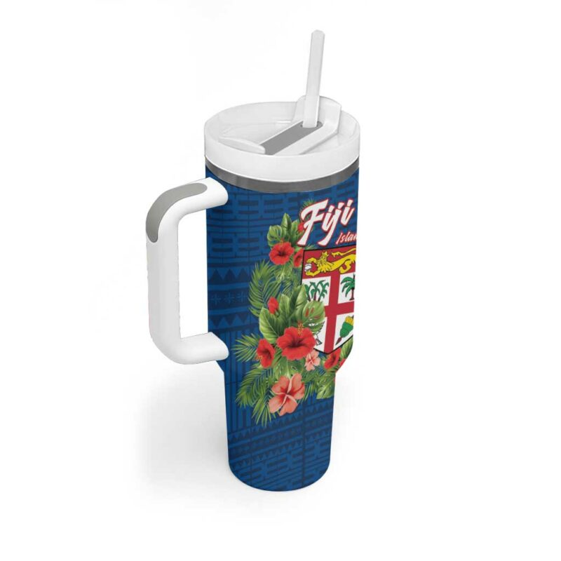 Fiji Island Tropical Flowers and Tapa Custom Stanley Quencher 40oz Stainless Steel Tumbler With Handle - Threewoofs - Image 2