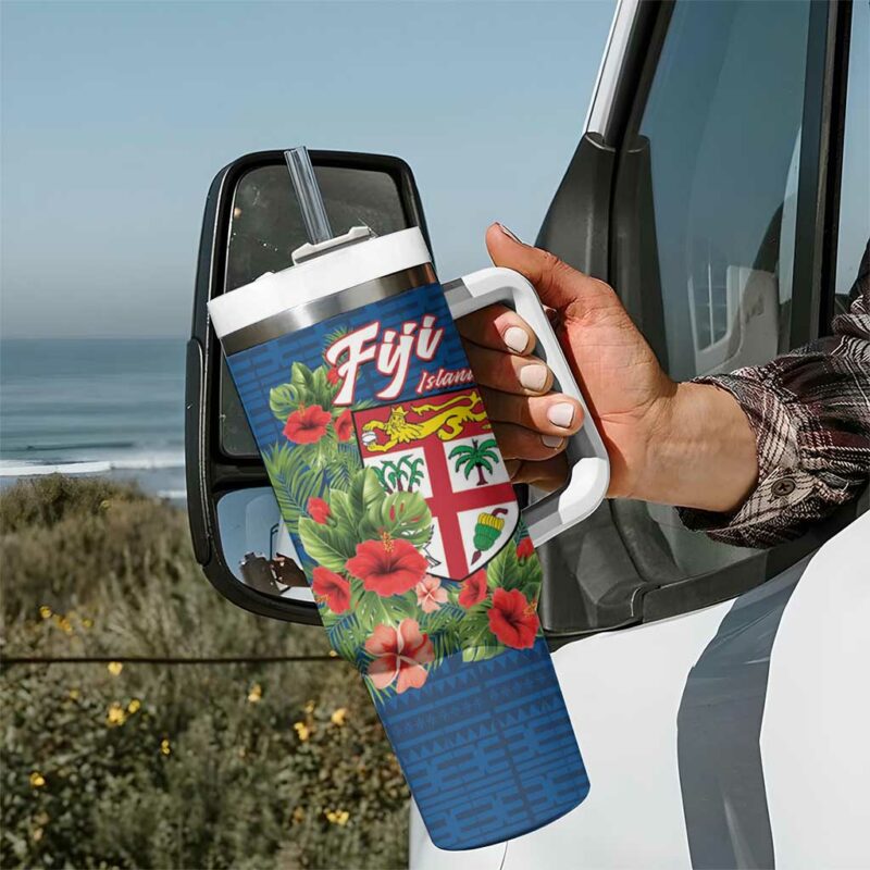 Fiji Island Tropical Flowers and Tapa Custom Stanley Quencher 40oz Stainless Steel Tumbler With Handle - Threewoofs - Image 7