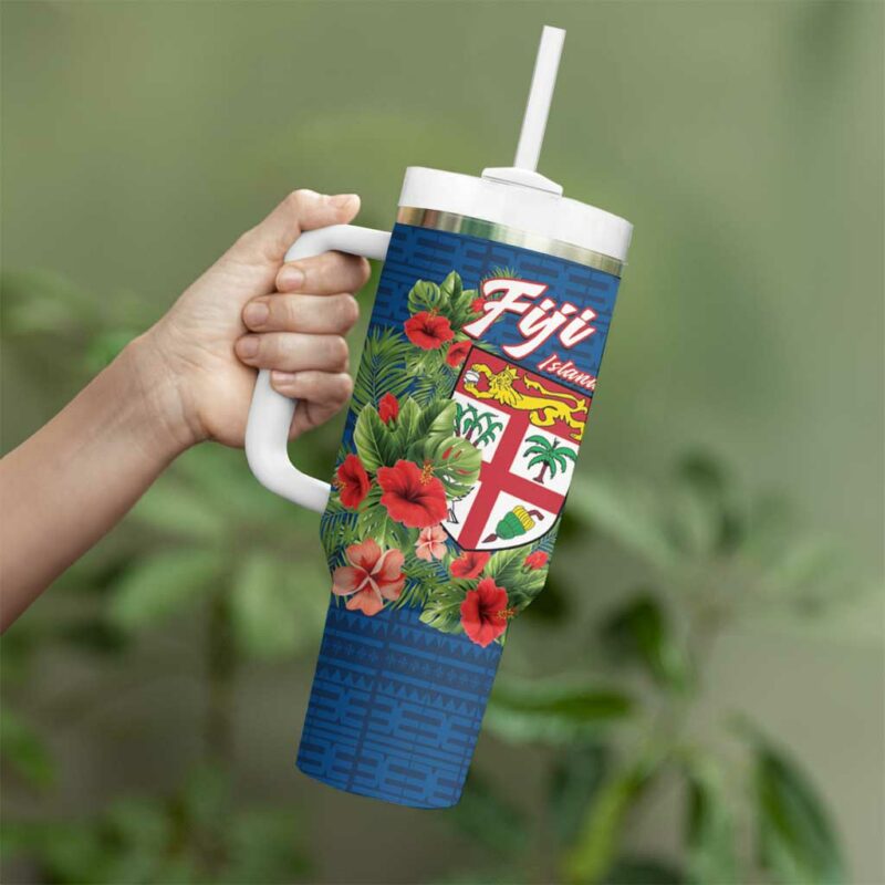 Fiji Island Tropical Flowers and Tapa Custom Stanley Quencher 40oz Stainless Steel Tumbler With Handle - Threewoofs - Image 3