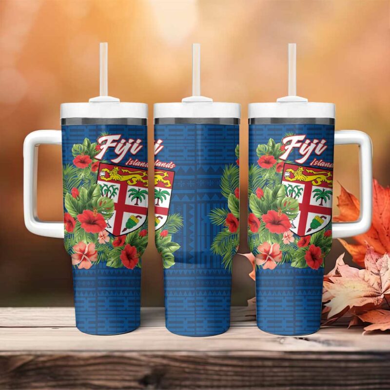 Fiji Island Tropical Flowers and Tapa Custom Stanley Quencher 40oz Stainless Steel Tumbler With Handle - Threewoofs - Image 4