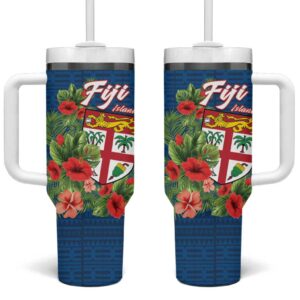 Fiji Island Tropical Flowers and Tapa Custom Stanley Quencher 40oz Stainless Steel Tumbler With Handle - Threewoofs