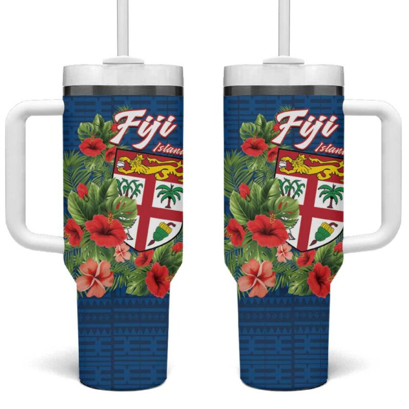 Fiji Island Tropical Flowers and Tapa Custom Stanley Quencher 40oz Stainless Steel Tumbler With Handle - Threewoofs