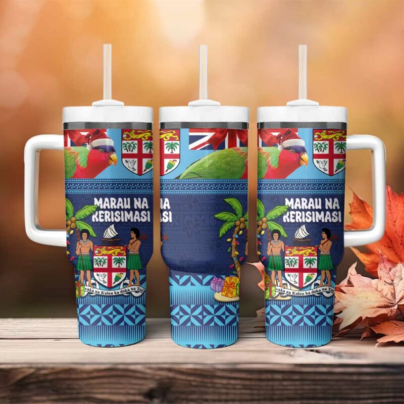 Fiji Marau na Kerisimasi Christmas Collared Lory Fiji Emblems Custom Stanley Quencher 40oz Stainless Steel Tumbler With Handle - Threewoofs - Image 4