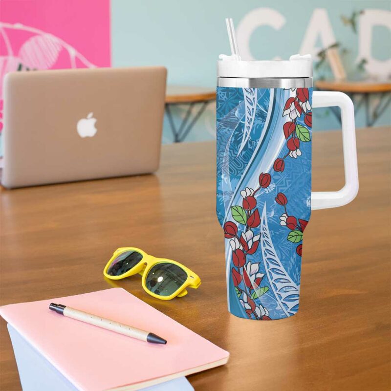 Fiji Tagimaucia Floral Tapa Custom Stanley Quencher 40oz Stainless Steel Tumbler With Handle - Threewoofs - Image 5