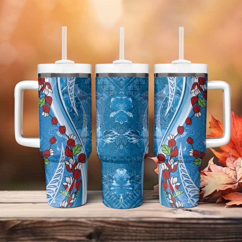 Fiji Tagimaucia Floral Tapa Custom Stanley Quencher 40oz Stainless Steel Tumbler With Handle - Threewoofs - Image 4