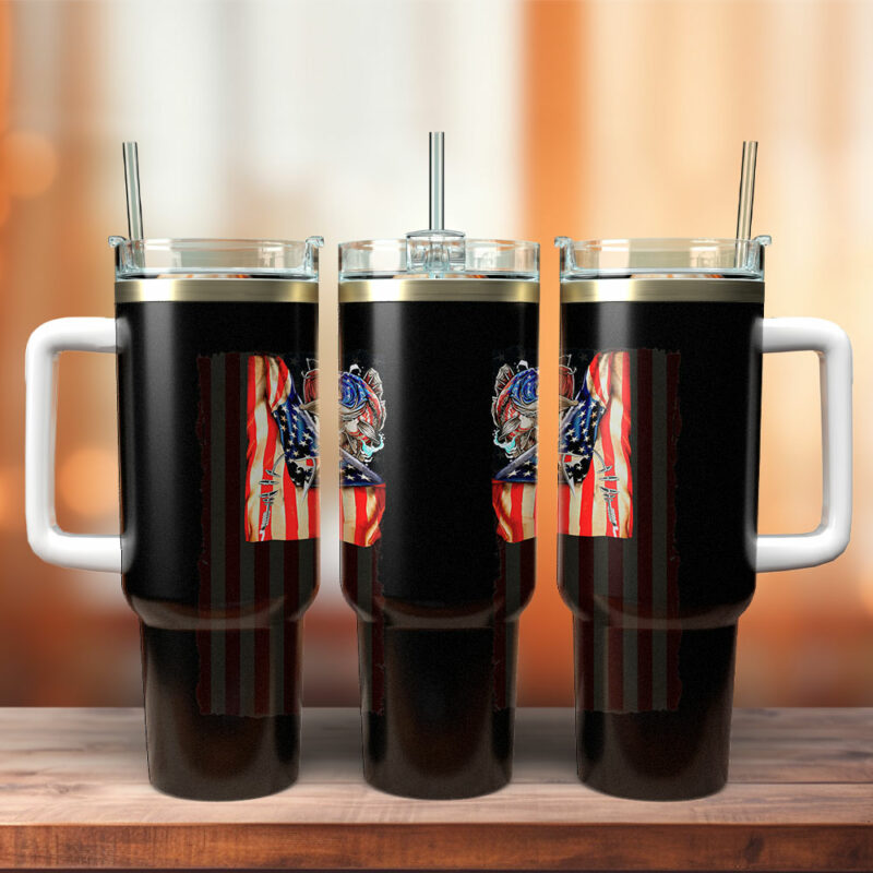 Fishing American Flag Custom Stanley Quencher 40oz Stainless Steel Tumbler With Handle - Threewoofs