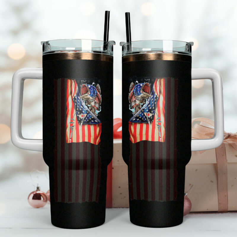 Fishing American Flag Custom Stanley Quencher 40oz Stainless Steel Tumbler With Handle - Threewoofs - Image 4