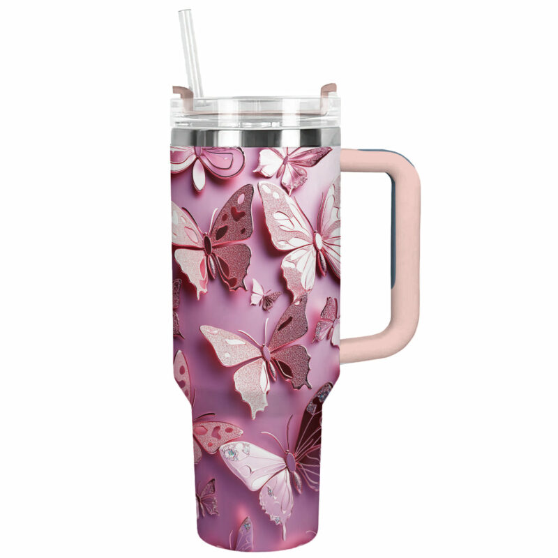 Floating Butterfly Custom Stanley Quencher 40oz Stainless Steel Tumbler With Handle - Threewoofs